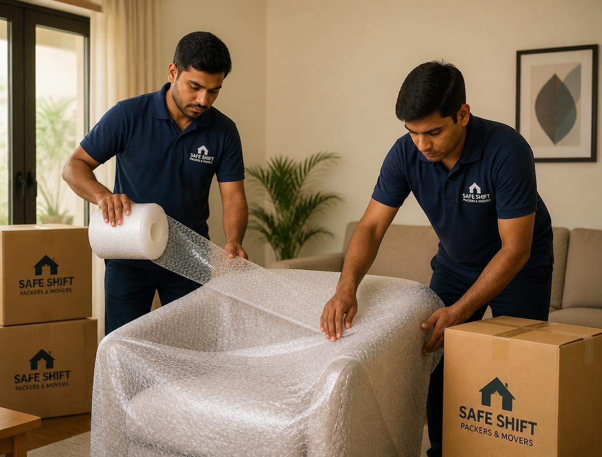Packers and movers in Patna wrapping furniture before a house shift