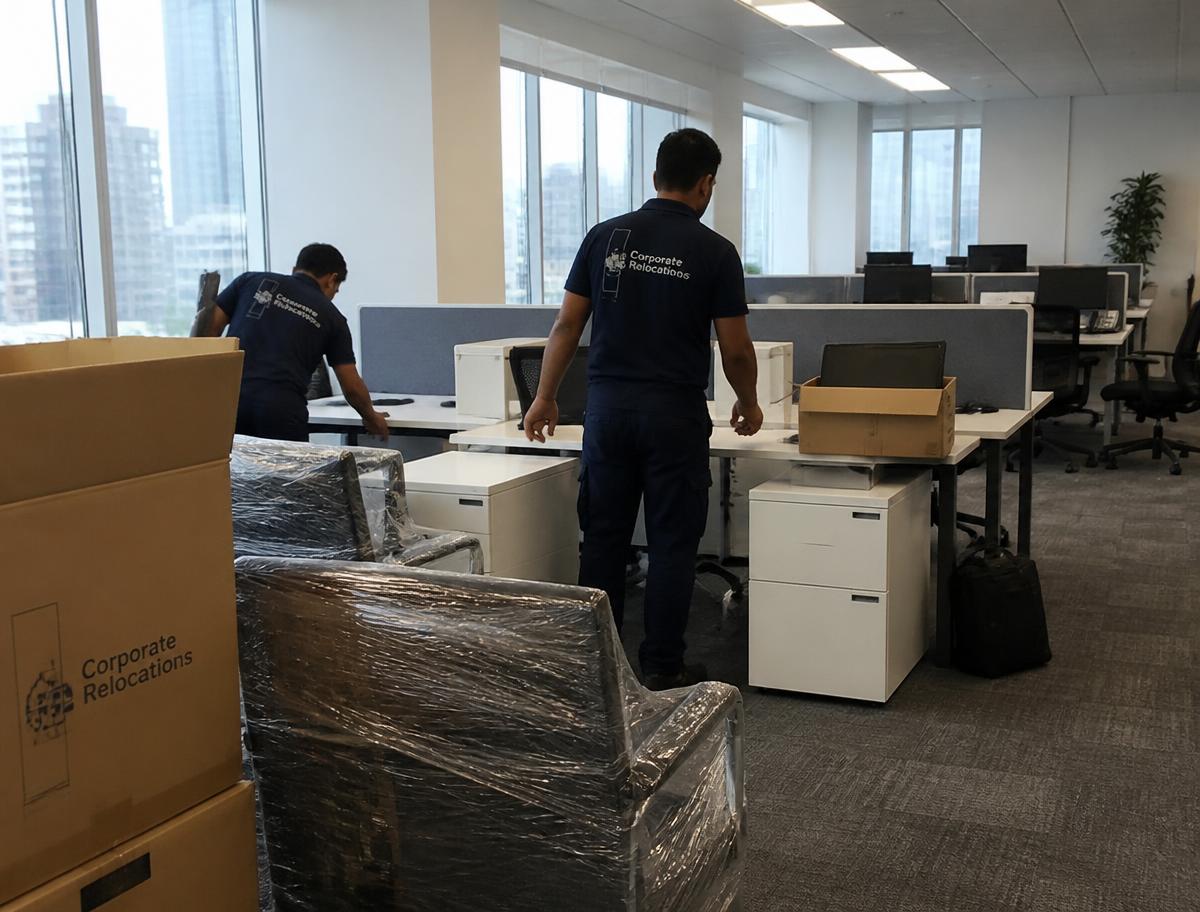 Office shifting in progress with packed desks and equipment